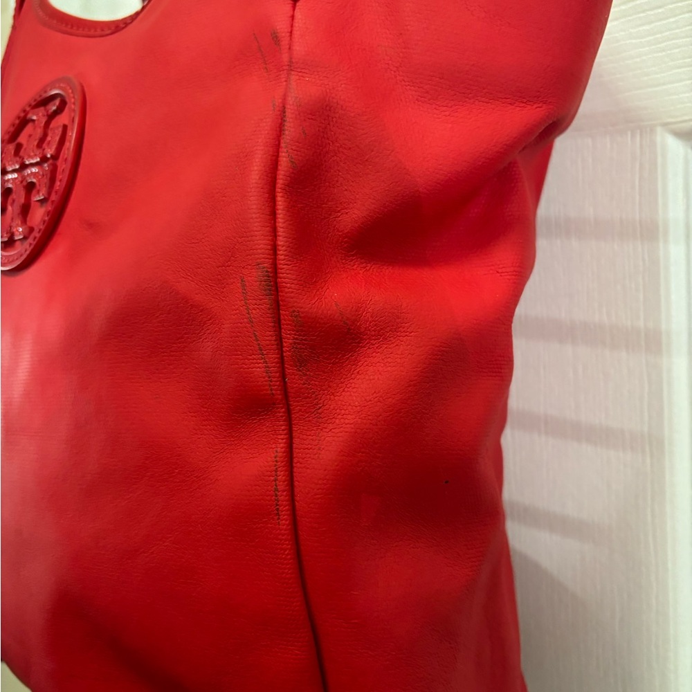 Tory Burch Red Dipped Canvas Stacked Logo Tote Has Minor Cleaning Callouts GUC - Picture 5 of 16